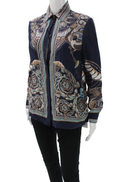 Versace Collection Womens Dark Blue Silk Paisley Button-Up Long Sleeve Size 38