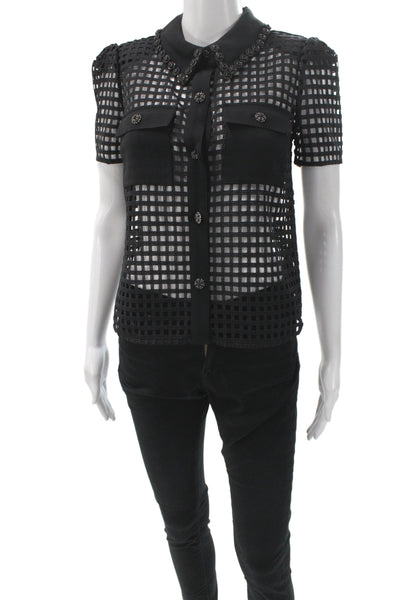 Self Portrait Womens Black Geometric Collared Button-Up Blouse Size 2