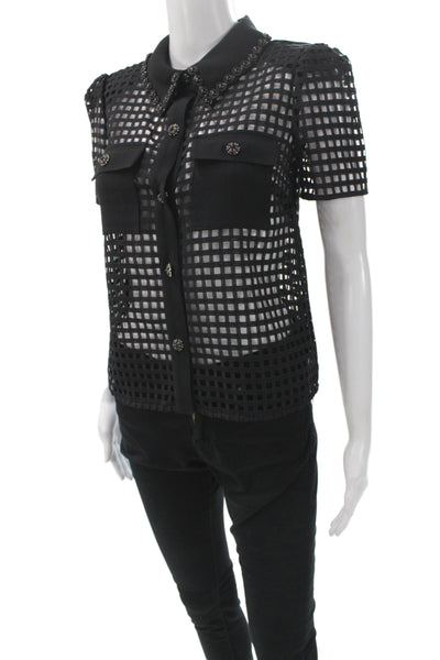 Self Portrait Womens Black Geometric Collared Button-Up Blouse Size 2