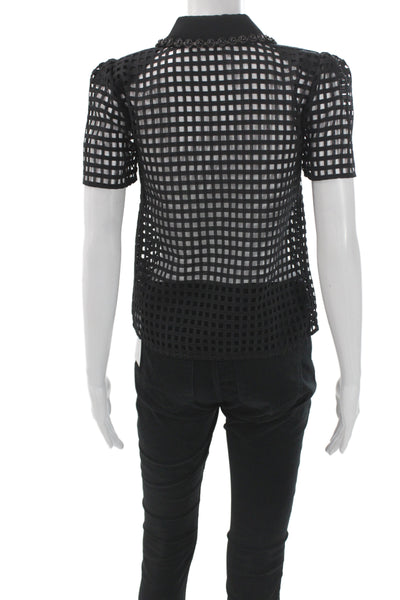 Self Portrait Womens Black Geometric Collared Button-Up Blouse Size 2