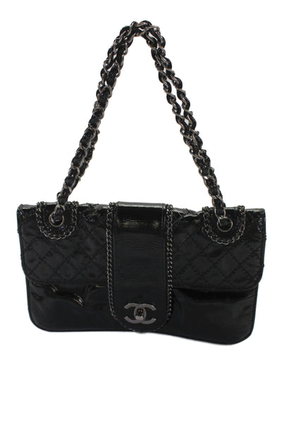 Chanel Womens Leather Quilted Turnlock Closure Satchel Shoulder Handbag Black