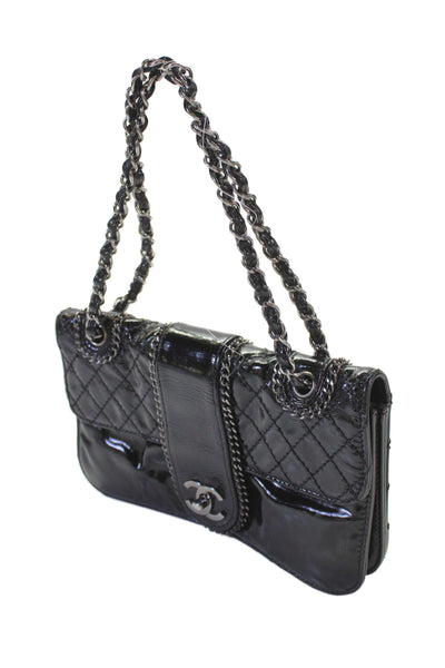 Chanel Womens Leather Quilted Turnlock Closure Satchel Shoulder Handbag Black