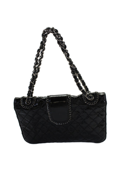 Chanel Womens Leather Quilted Turnlock Closure Satchel Shoulder Handbag Black