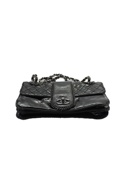 Chanel Womens Leather Quilted Turnlock Closure Satchel Shoulder Handbag Black