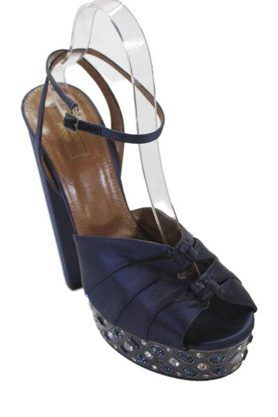 Aquazzura Womens Satin Jeweled Platform Sandal Heels Navy Blue Size 40 10