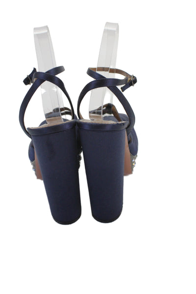 Aquazzura Womens Satin Jeweled Platform Sandal Heels Navy Blue Size 40 10
