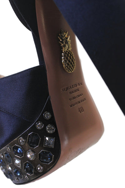 Aquazzura Womens Satin Jeweled Platform Sandal Heels Navy Blue Size 40 10