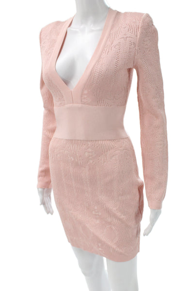 Balmain Womens Bodycon Mini Dress Pink V Neck Long Sleeve Zip Size 36