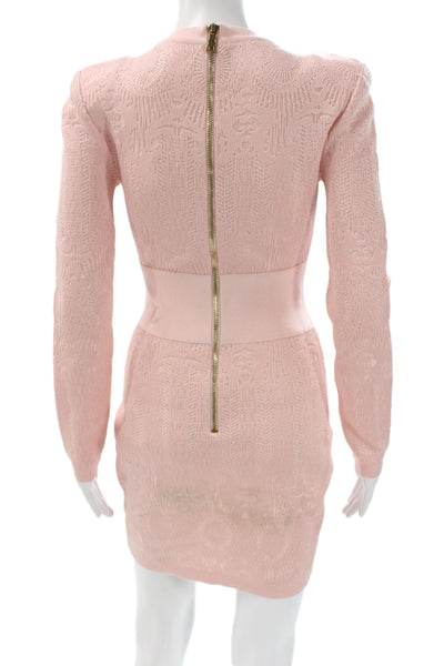 Balmain Womens Bodycon Mini Dress Pink V Neck Long Sleeve Zip Size 36