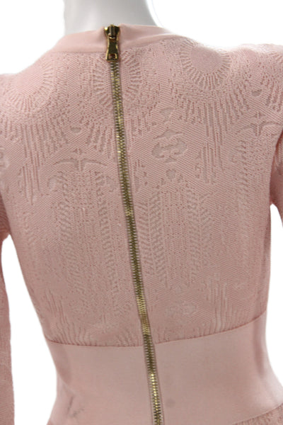 Balmain Womens Bodycon Mini Dress Pink V Neck Long Sleeve Zip Size 36