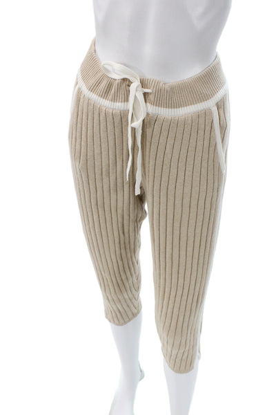 Minnie Rose Womens Cropped Jogger Pants Beige Striped Cotton Drawstring Size XS
