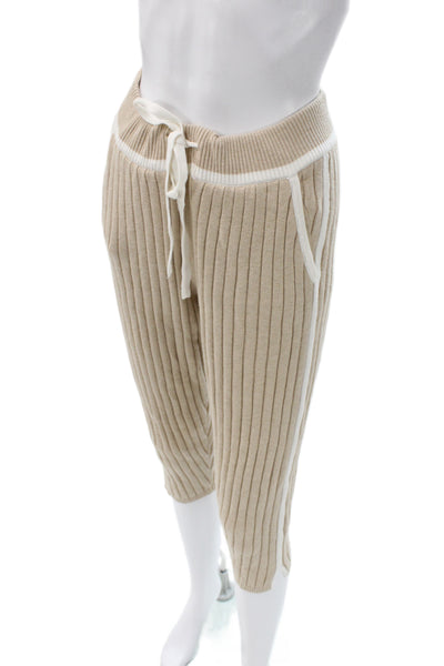 Minnie Rose Womens Cropped Jogger Pants Beige Striped Cotton Drawstring Size XS