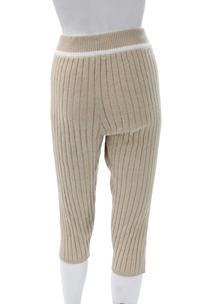 Minnie Rose Womens Cropped Jogger Pants Beige Striped Cotton Drawstring Size XS