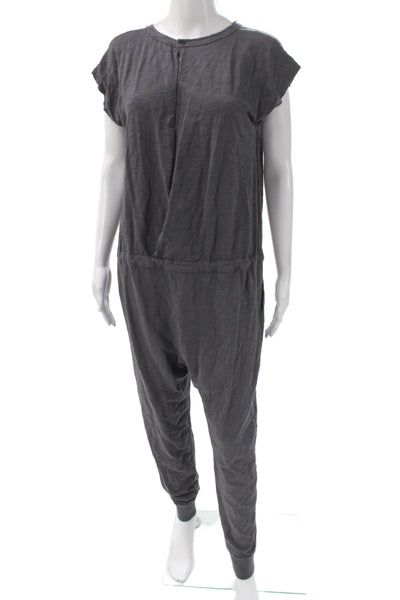 Leallo Women Jumpsuit Dark Gray Cotton Short Sleeve Round Neck Size L