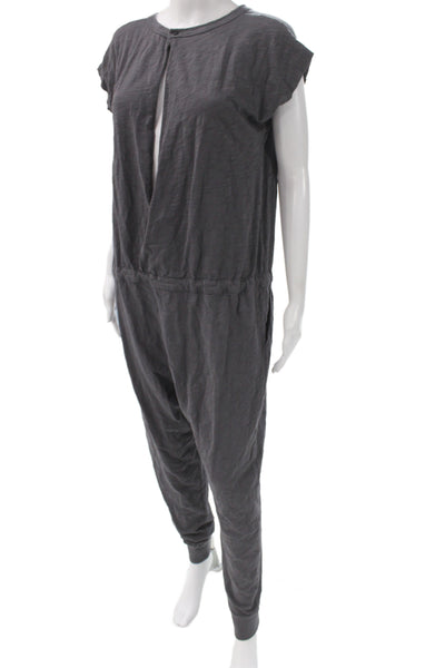 Leallo Women Jumpsuit Dark Gray Cotton Short Sleeve Round Neck Size L