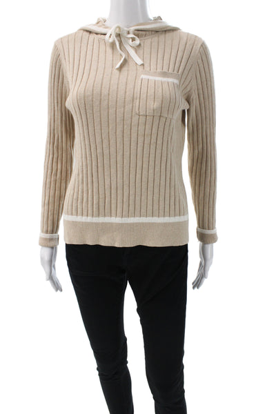 Minnie Rose Womens Pullover Hoodie Beige Striped Cotton Wool Drawstring Size XS
