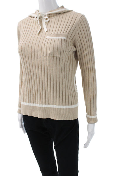 Minnie Rose Womens Pullover Hoodie Beige Striped Cotton Wool Drawstring Size XS