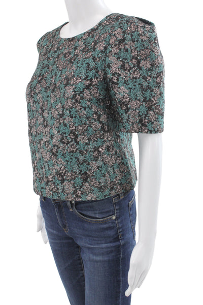 Club Monaco Women Cropped Black Floral Blouse Short Sleeve Size 2