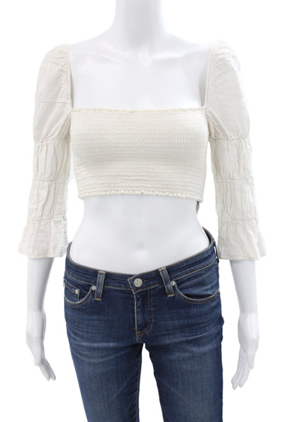 Reformation Womens Cropped Bohemian Square Neck 3/4 Sleeve White Blouse Size M