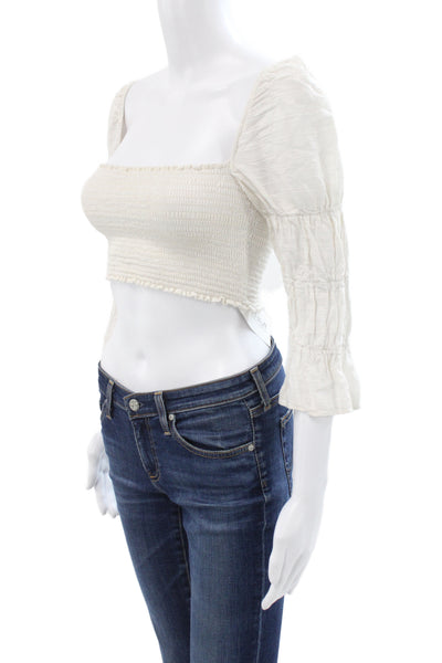 Reformation Womens Cropped Bohemian Square Neck 3/4 Sleeve White Blouse Size M