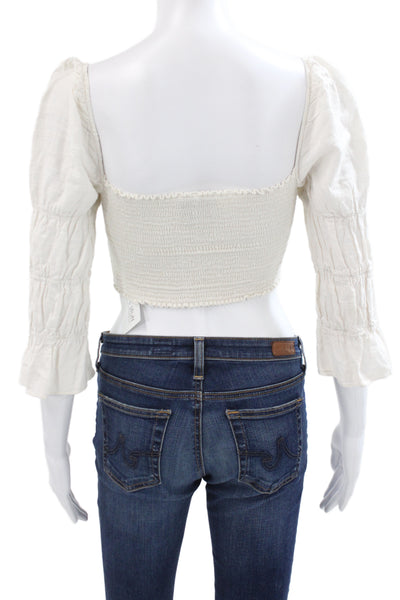 Reformation Womens Cropped Bohemian Square Neck 3/4 Sleeve White Blouse Size M