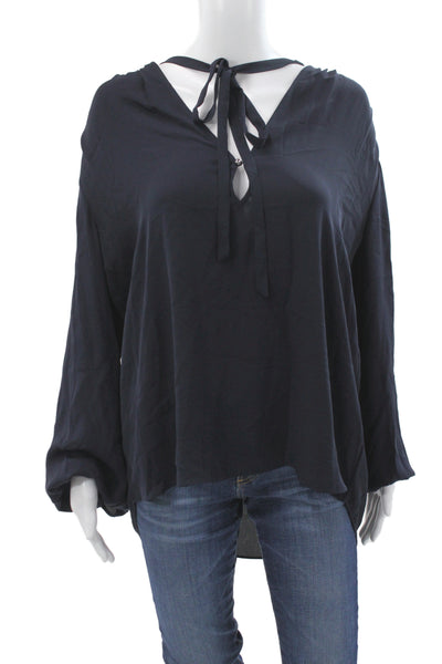 Theory Womens Dark Blue Silk Tunic Blouse V-Neck Long Sleeve Tie Size L