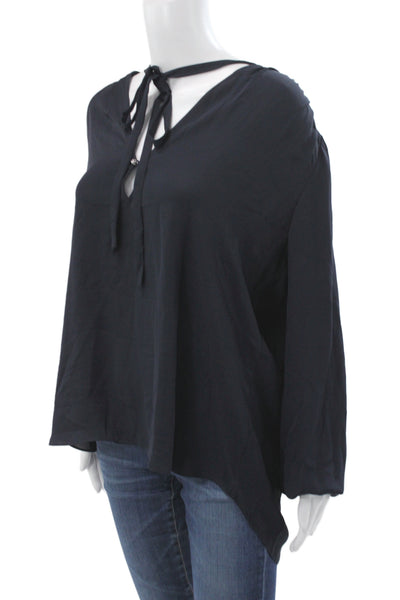 Theory Womens Dark Blue Silk Tunic Blouse V-Neck Long Sleeve Tie Size L