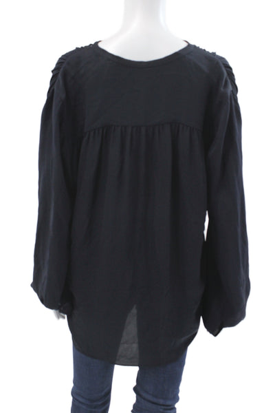 Theory Womens Dark Blue Silk Tunic Blouse V-Neck Long Sleeve Tie Size L