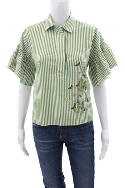 Weekend Max Mara Women Striped Green Cotton Collared Short Sleeve Blouse Size 6