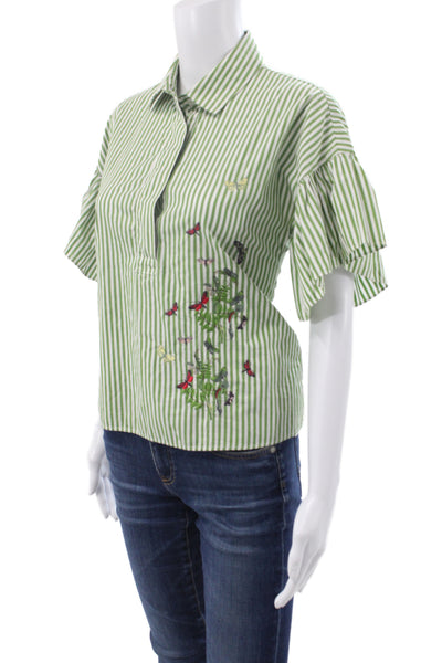 Weekend Max Mara Women Striped Green Cotton Collared Short Sleeve Blouse Size 6