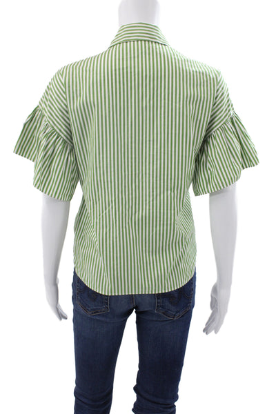 Weekend Max Mara Women Striped Green Cotton Collared Short Sleeve Blouse Size 6