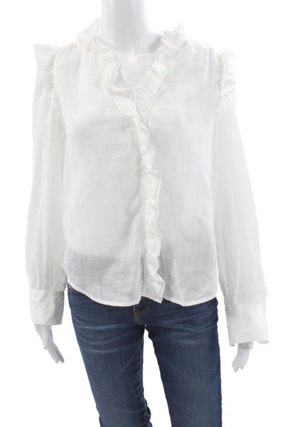 Frame Womens Bohemian V Neck Button Up Cotton Blouse White Long Sleeve Size S