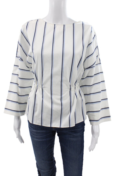 Akris Punto Women Striped Cotton Blouse Round Neck 3/4 Sleeve White Size 8