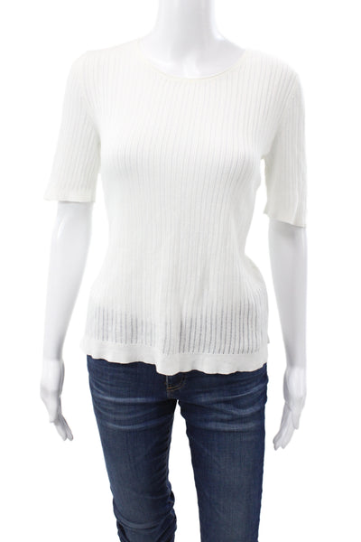 Eileen Fisher Womens Striped White Short Sleeve Round Neck T-Shirt Size S