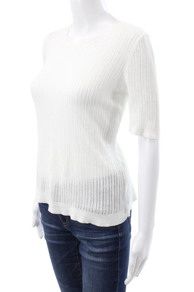 Eileen Fisher Womens Striped White Short Sleeve Round Neck T-Shirt Size S