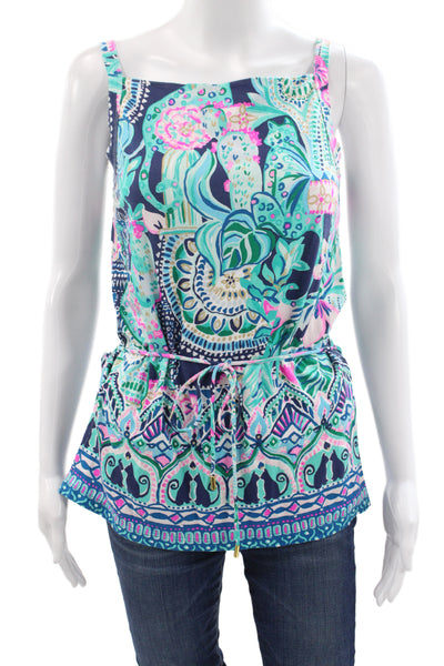 Lilly Pulitzer Women Camisole Dark Blue Floral Square Neck Sleeveless Size XS