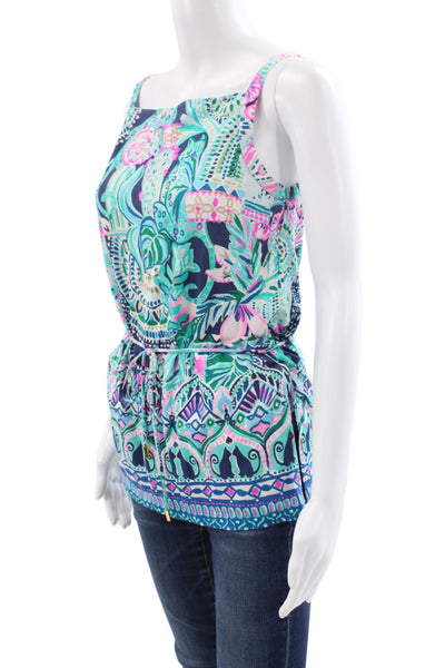 Lilly Pulitzer Women Camisole Dark Blue Floral Square Neck Sleeveless Size XS