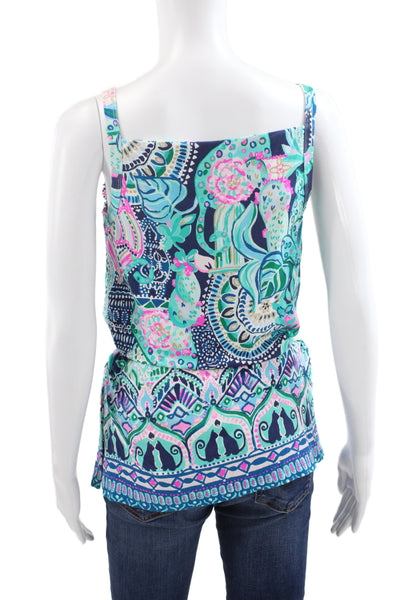 Lilly Pulitzer Women Camisole Dark Blue Floral Square Neck Sleeveless Size XS