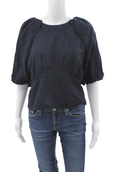 Frame Women Dark Blue Cotton Round Neck Short Sleeve Blouse Button Size M