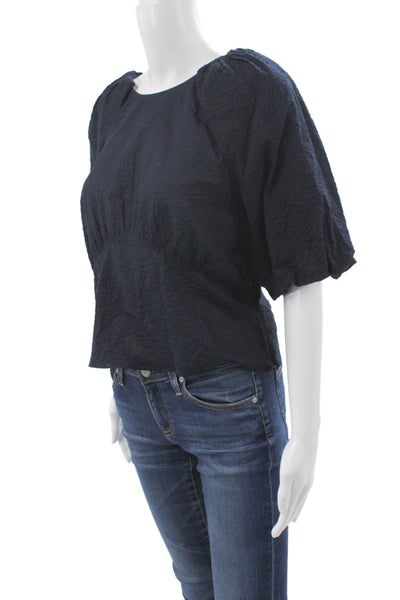 Frame Women Dark Blue Cotton Round Neck Short Sleeve Blouse Button Size M