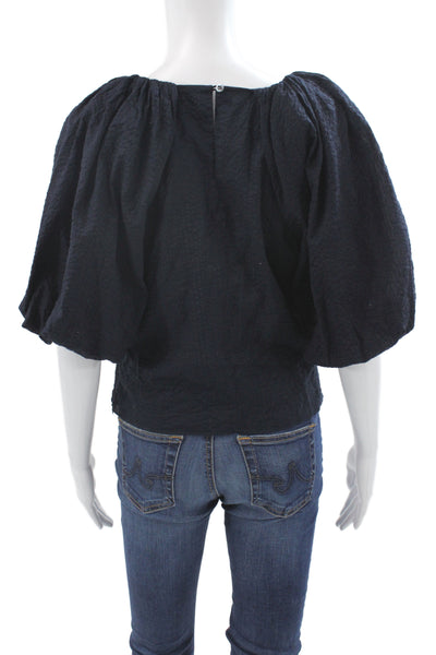 Frame Women Dark Blue Cotton Round Neck Short Sleeve Blouse Button Size M