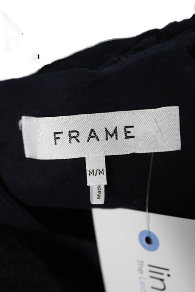 Frame Women Dark Blue Cotton Round Neck Short Sleeve Blouse Button Size M