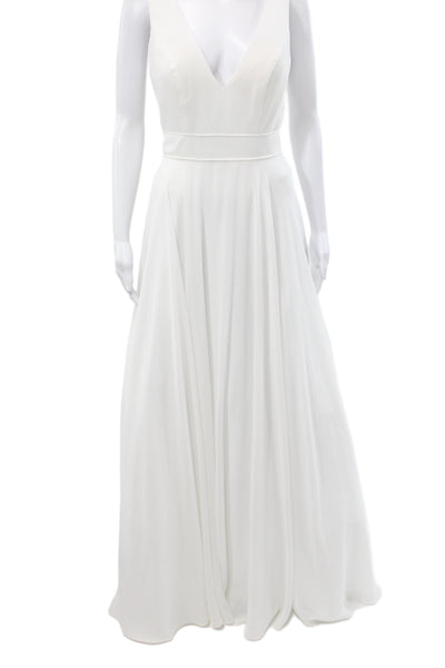 Ieena for MacDuggal Women A-Line White Wedding Dress V-Neck Long Size S