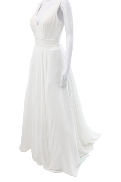 Ieena for MacDuggal Women A-Line White Wedding Dress V-Neck Long Size S