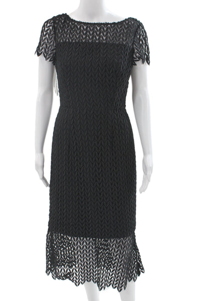 Kay Unger Women Sheath Dress Black Herringbone V-Neck Short Sleeve Size 4
