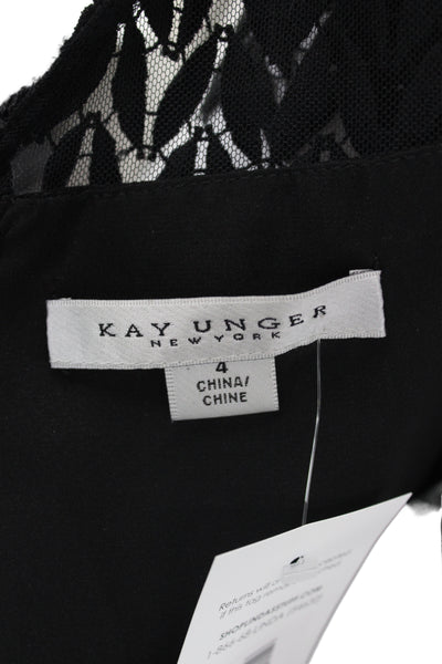 Kay Unger Women Sheath Dress Black Herringbone V-Neck Short Sleeve Size 4