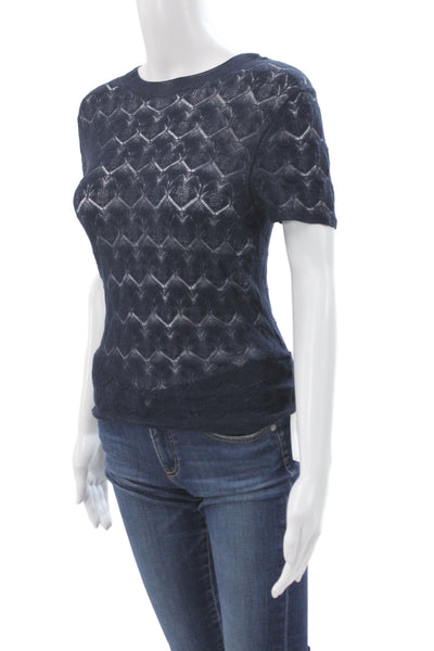 Vince Women Dark Blue Geometric Crew Neck Cotton Short Sleeve T-Shirt Size XS