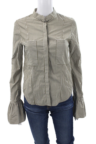 Frame Women Striped Cotton Collared Button-Up Shirt Green Long Sleeve Size XS