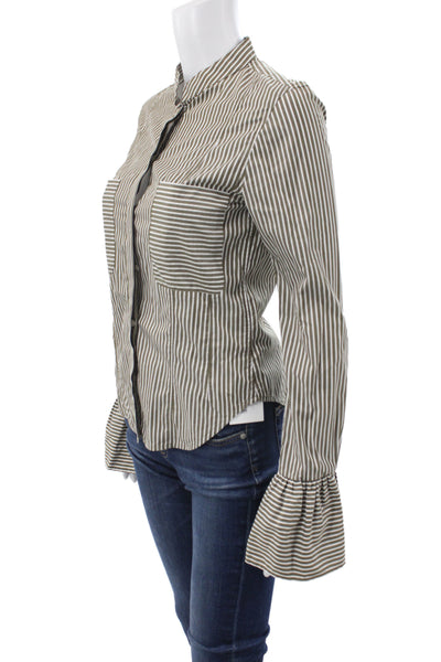 Frame Women Striped Cotton Collared Button-Up Shirt Green Long Sleeve Size XS