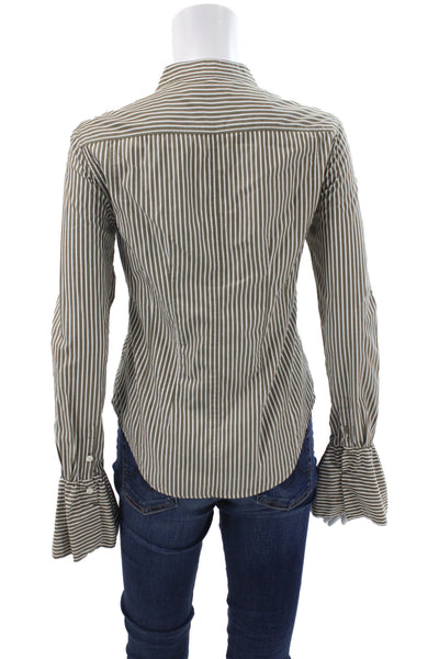 Frame Women Striped Cotton Collared Button-Up Shirt Green Long Sleeve Size XS